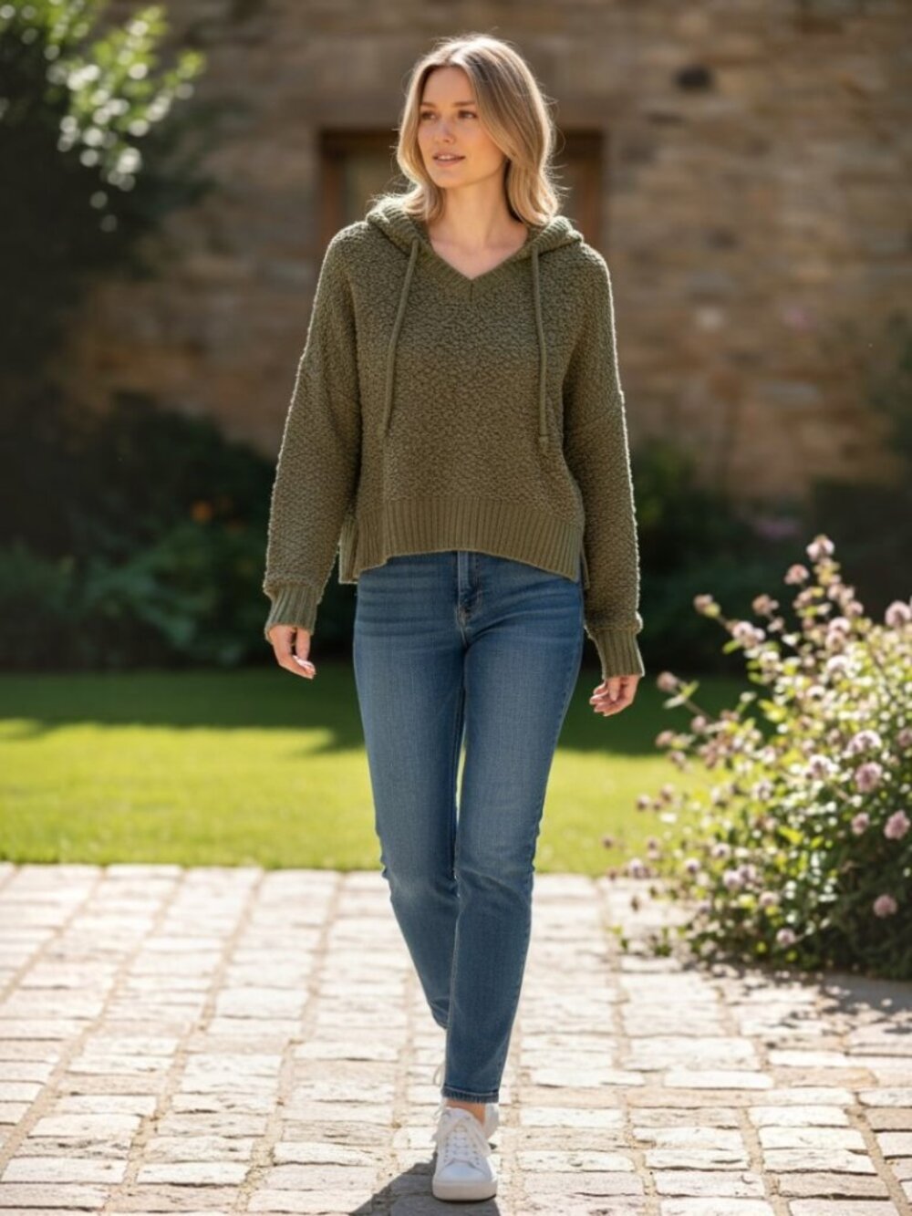 POL Olive Green Popcorn Knit Hoodie Oversized Sweater Size S